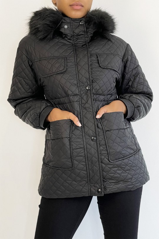 Black multi-pocket quilted coat with hood - 2