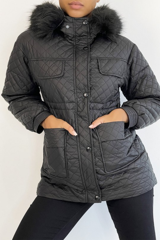 Black multi-pocket quilted coat with hood - 3