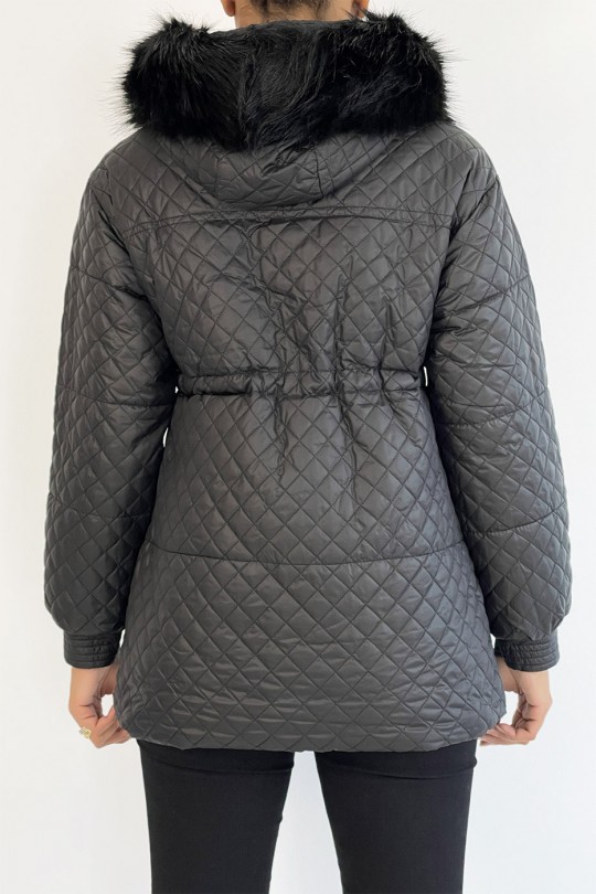 Black multi-pocket quilted coat with hood - 4