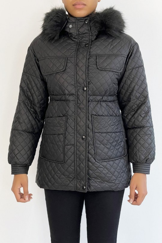 Black multi-pocket quilted coat with hood - 5