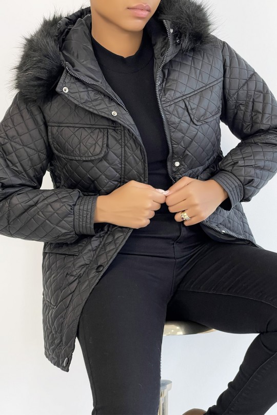 Black multi-pocket quilted coat with hood - 6