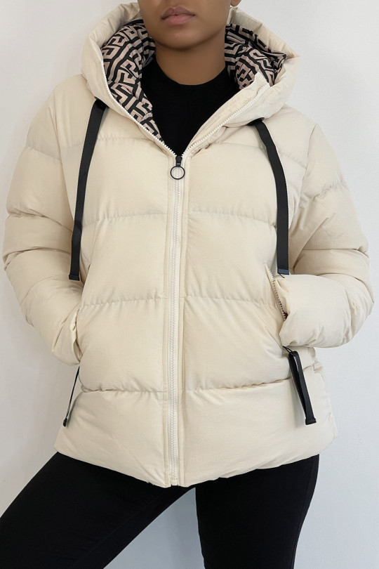Doudoune beige à capuche à intérieur imprimé motif grec - 5