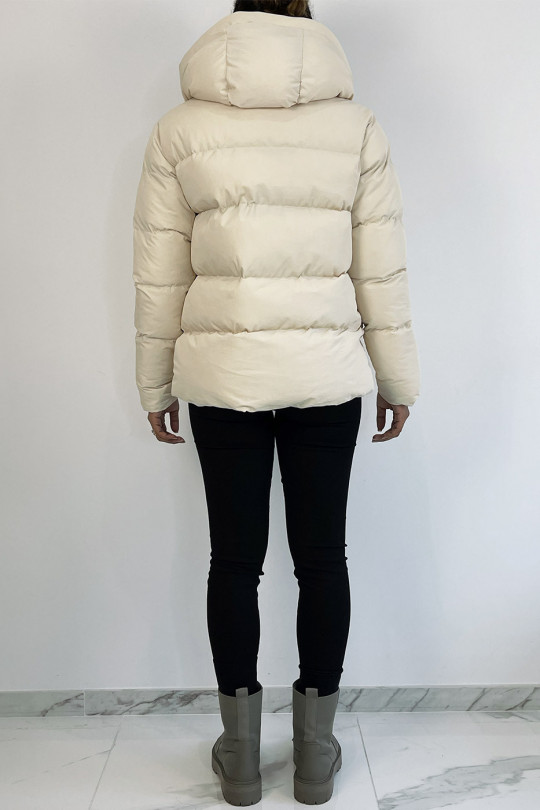 Doudoune beige à capuche à intérieur imprimé motif grec - 7