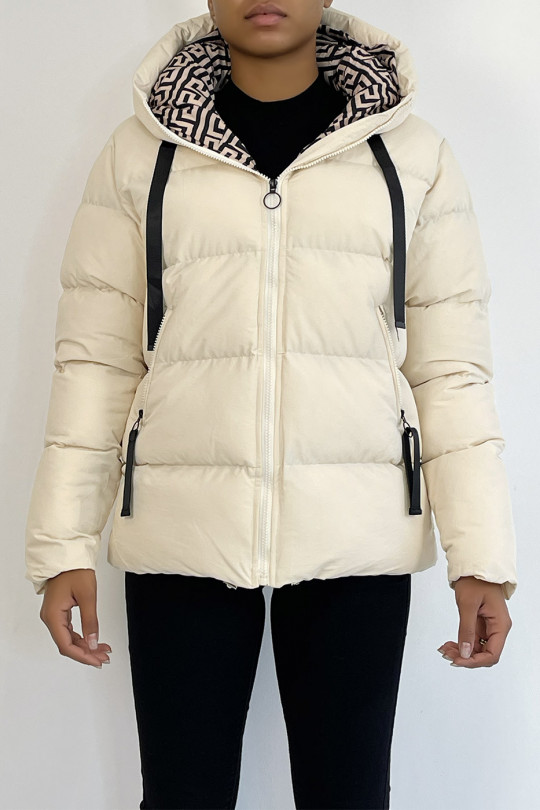 Doudoune beige à capuche à intérieur imprimé motif grec - 9