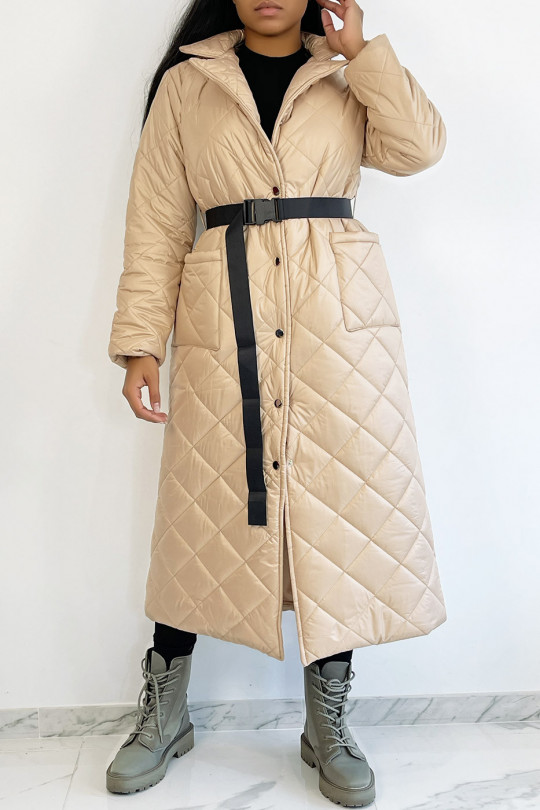 Long, very chic rose gold quilted coat with belt - 2