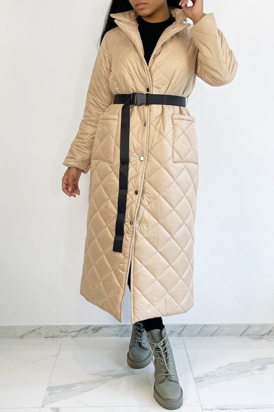 Long, very chic rose gold quilted coat with belt - 3