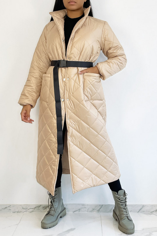 Long, very chic rose gold quilted coat with belt - 4