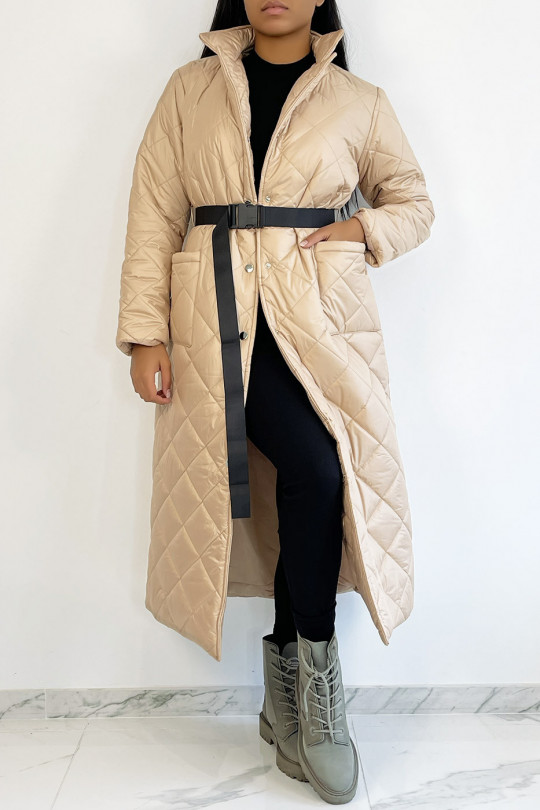 Long, very chic rose gold quilted coat with belt - 5