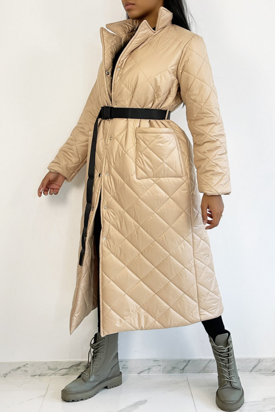 Long, very chic rose gold quilted coat with belt - 6