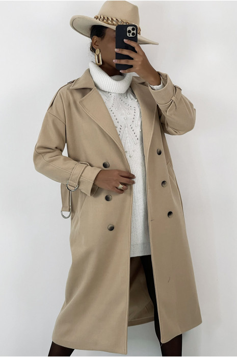 Long manteau beige classique style officier - 4