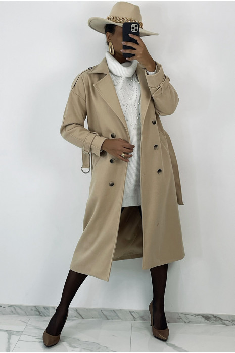 Long manteau beige classique style officier - 9