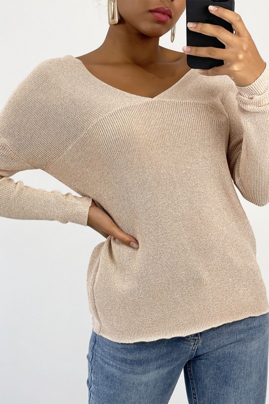 Shiny pink V-neck sweater with openwork line detail - 3