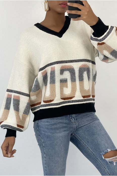 Pull bouffant beige style rétro à inscription VOGUE - 1