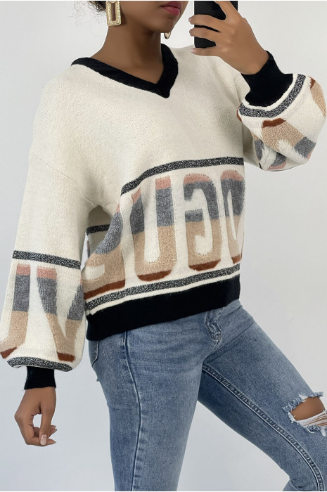 Pull bouffant beige style rétro à inscription VOGUE - 3