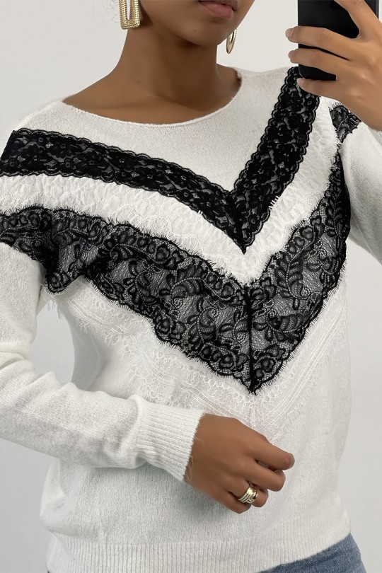 Lichtgewicht witte trui met ronde hals en kant V-patroon - 2