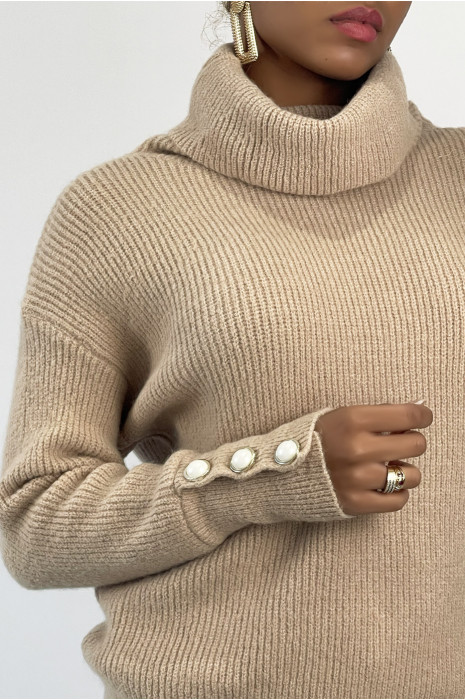 Pull col roulé beige très épais à détails boutons - 2