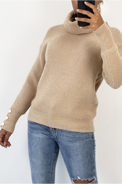 Pull col roulé beige très épais à détails boutons - 3