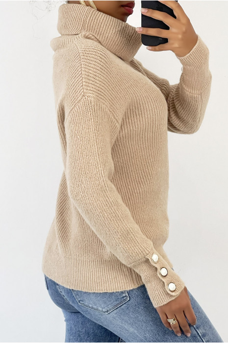 Pull col roulé beige très épais à détails boutons - 4