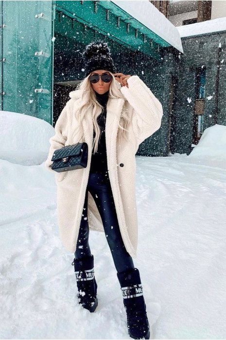 White coat, knee length, straight cut, toupee effect, lapel collar and side pocket - 3