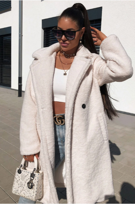 White coat, knee length, straight cut, toupee effect, lapel collar and side pocket - 2