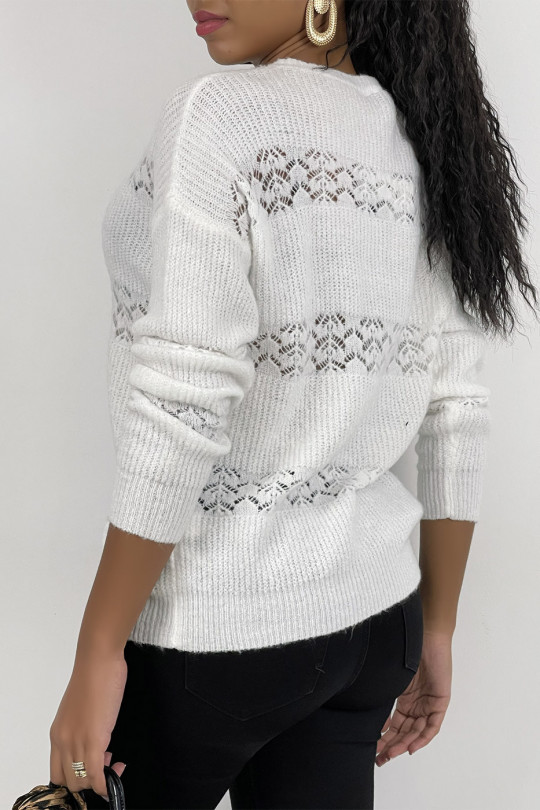 White openwork sweater with round neck in soft and warm knit - 1