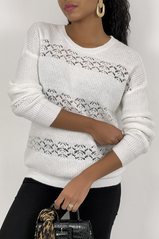 White openwork sweater with round neck in soft and warm knit - 2