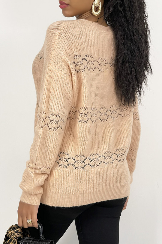 Pink openwork sweater with round neck in soft and warm knit - 1