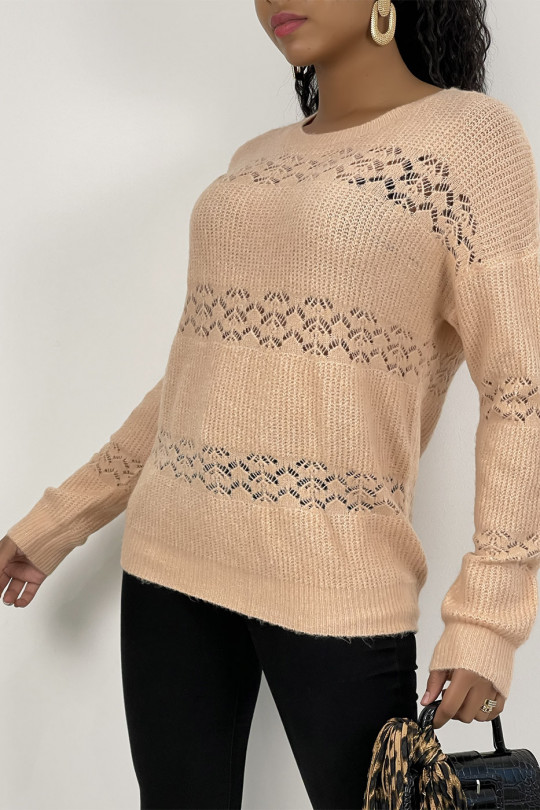 Pink openwork sweater with round neck in soft and warm knit - 2