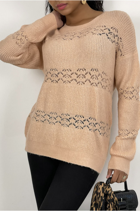 Pull ajouré rose à col rond en maille douce et chaude