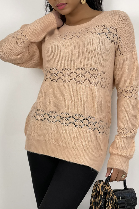 Pink openwork sweater with round neck in soft and warm knit - 3