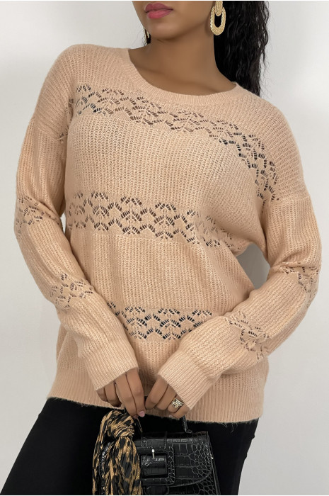 Pull ajouré rose à col rond en maille douce et chaude - 4