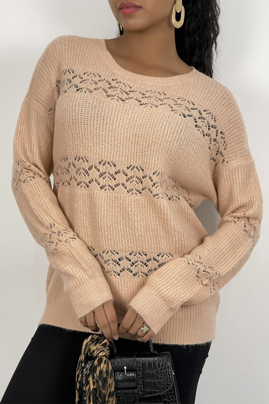 Pink openwork sweater with round neck in soft and warm knit - 4