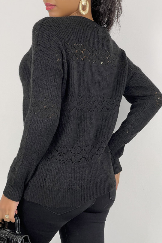 Black openwork sweater with round neck in soft and warm knit - 1