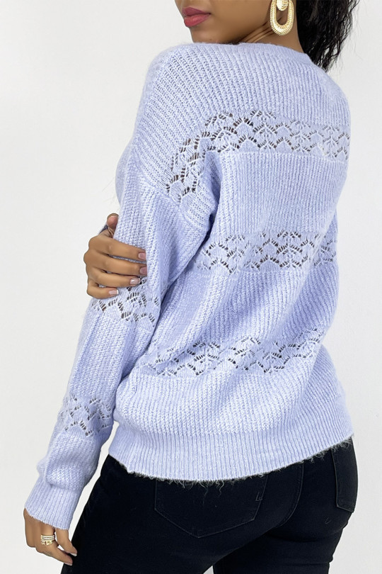 Purple openwork sweater with round neck in soft and warm knit - 1