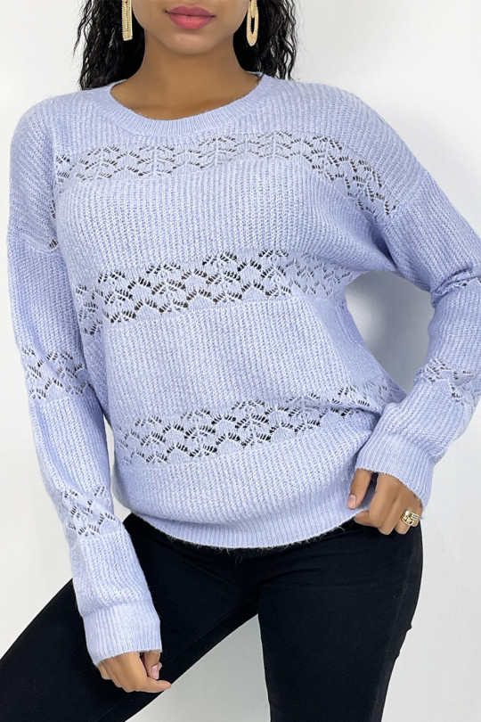 Purple openwork sweater with round neck in soft and warm knit - 3