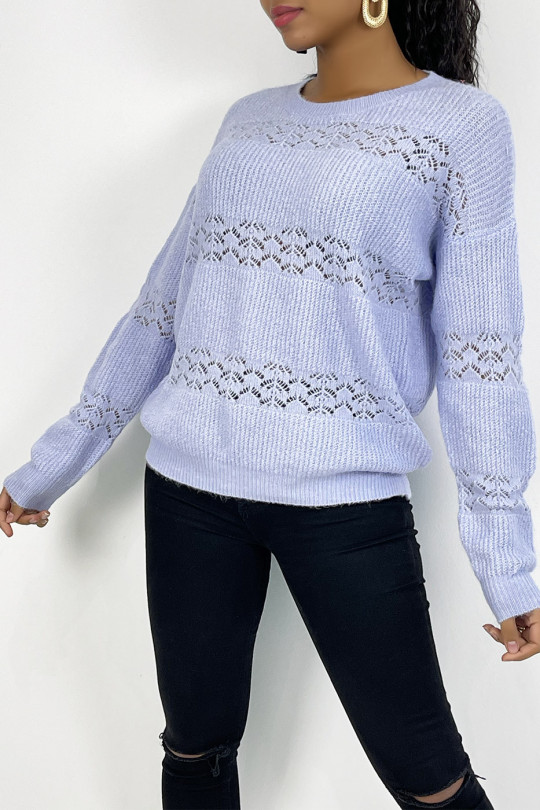 Purple openwork sweater with round neck in soft and warm knit - 4