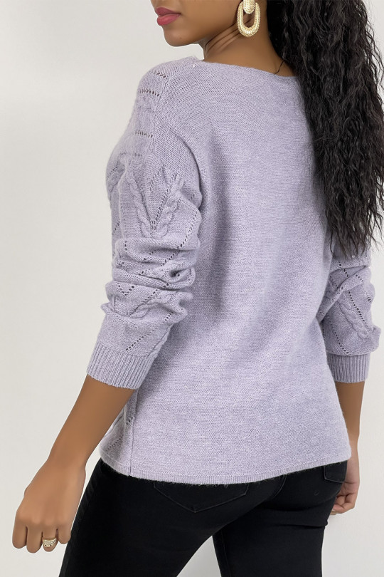 Lilac V-neck sweater with openwork and twisted details - 2
