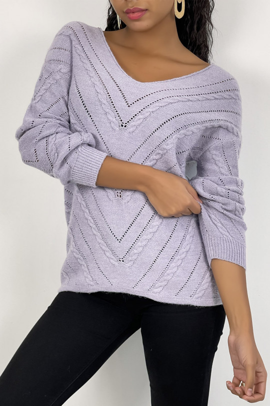 Lilac V-neck sweater with openwork and twisted details - 3