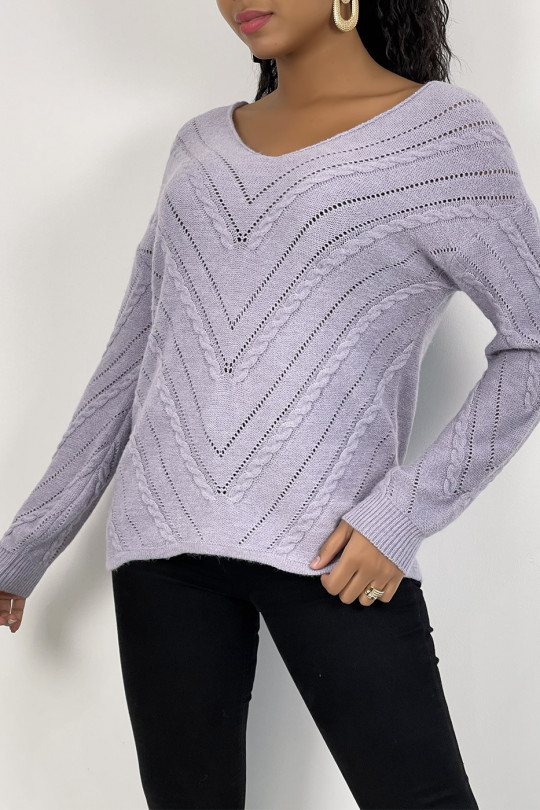 Lilac V-neck sweater with openwork and twisted details - 4