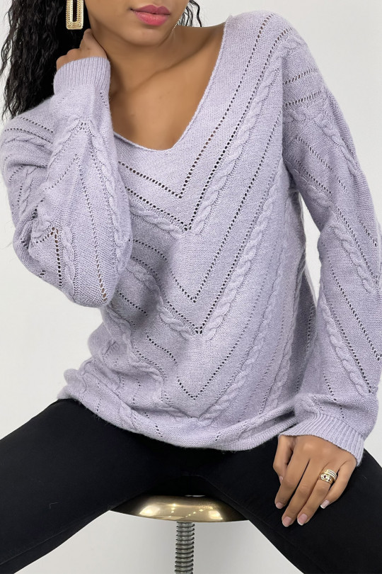 Lilac V-neck sweater with openwork and twisted details - 5