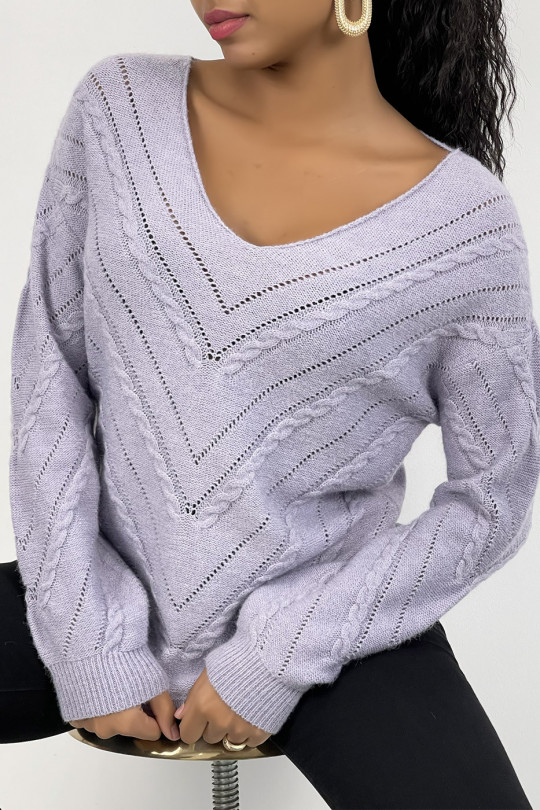 Lilac V-neck sweater with openwork and twisted details - 6