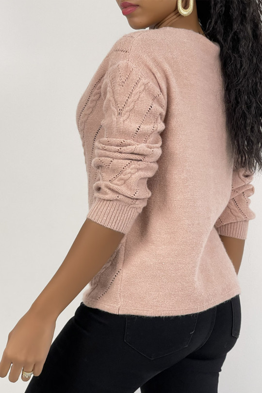 Pink V-neck sweater with openwork and cable details - 2