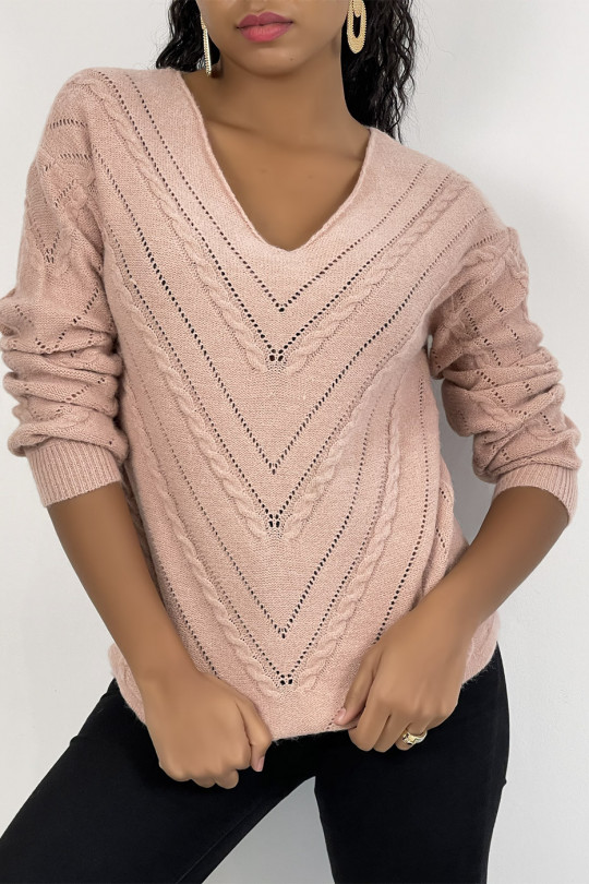 Pink V-neck sweater with openwork and cable details - 3