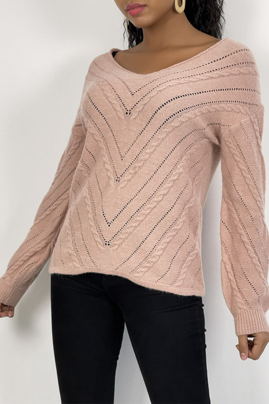 Pink V-neck sweater with openwork and cable details - 4