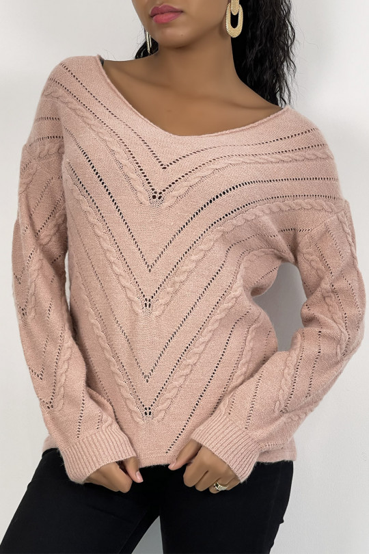 Pink V-neck sweater with openwork and cable details - 5