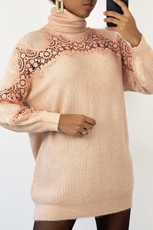 Long pink turtleneck sweater with openwork embroidery details - 1