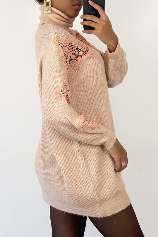 Long pink turtleneck sweater with openwork embroidery details - 3