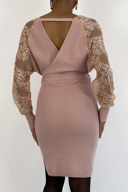 Very elegant pink wrap sweater dress with lace sleeves - 4