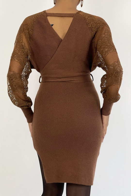 Very elegant brown wrap sweater dress with lace sleeves - 4