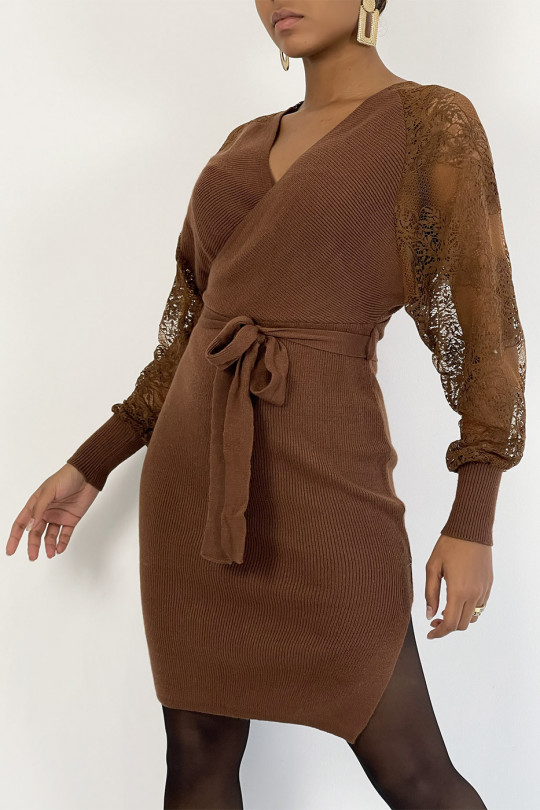 Very elegant brown wrap sweater dress with lace sleeves - 5